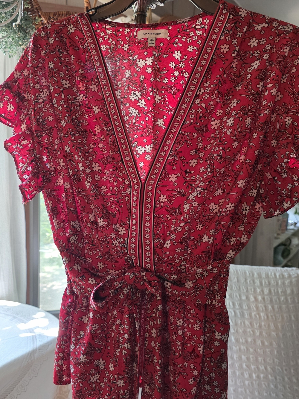 Max Studio Red Floral Wrap Blouse